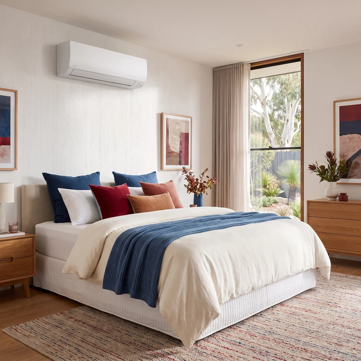 Wall-mounted air conditioning above a bed in a furnished bedroom