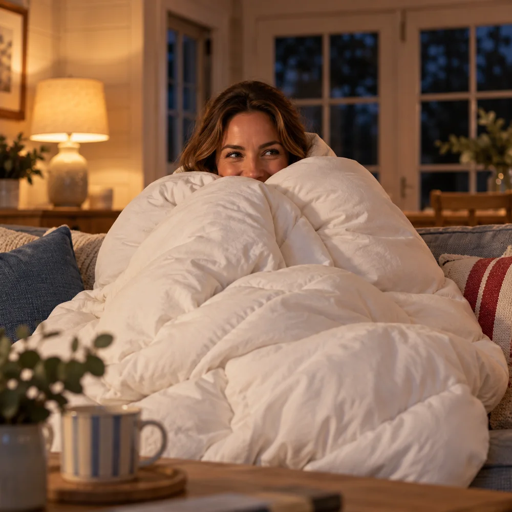 Woman tucked into a quilt on a sofa in a warmly lit living room